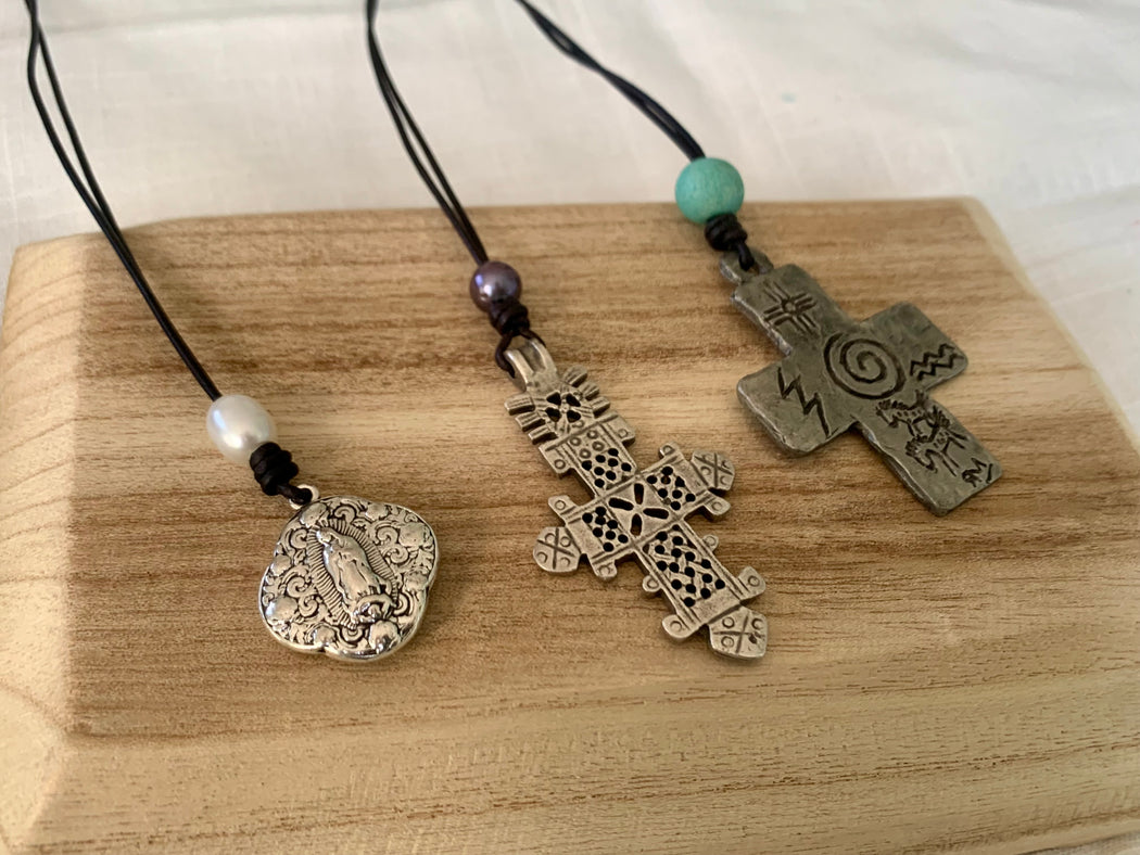 Mother Mary, Coptic Cross, Petroglyph Cross Pendant Necklaces