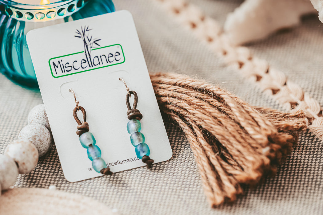 leather and 3 Ghana glass bead earrings