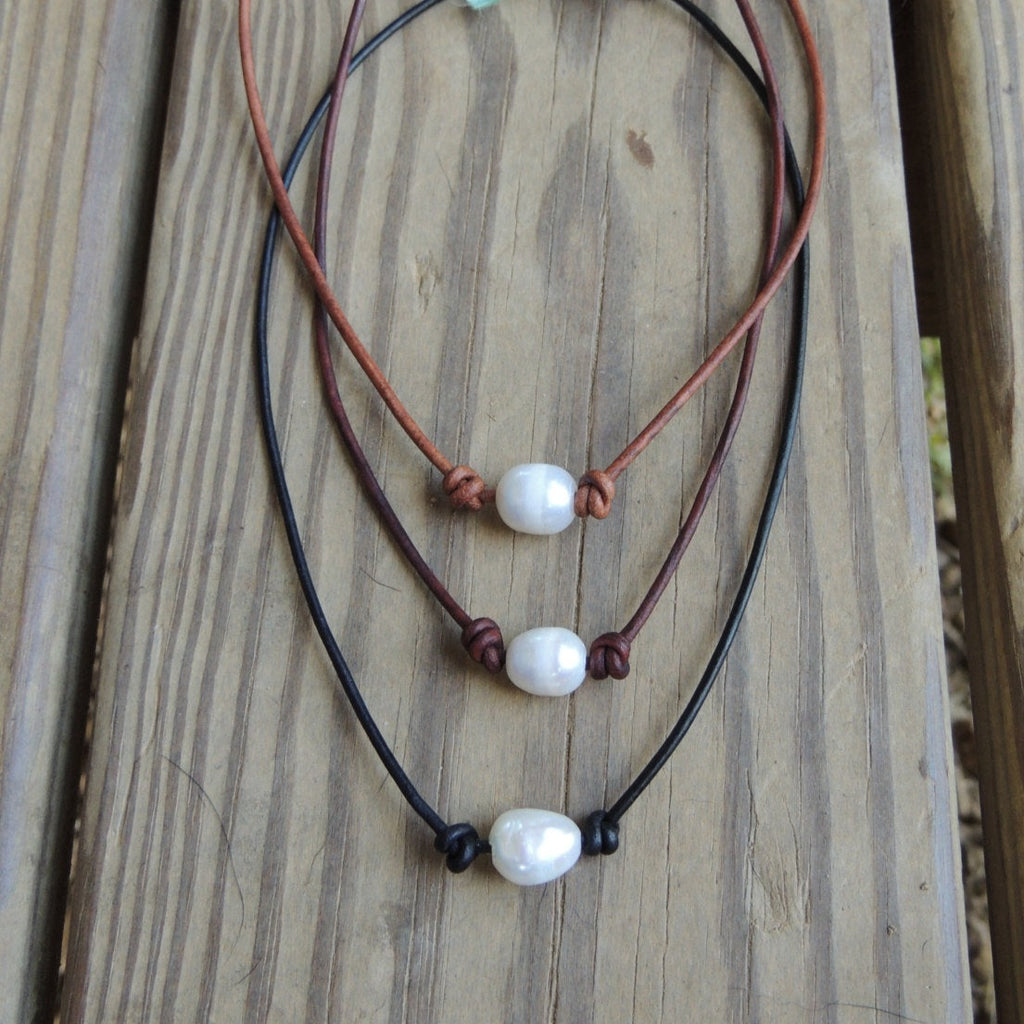 Four Pearl Necklace on knotted brown authentic leather